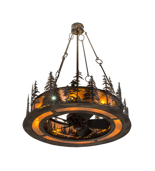 Meyda Lighting Tall Pines 48" 13-Light Dark Burnished Antique Copper Chandelier With Amber Mica Shade Glass and Fan