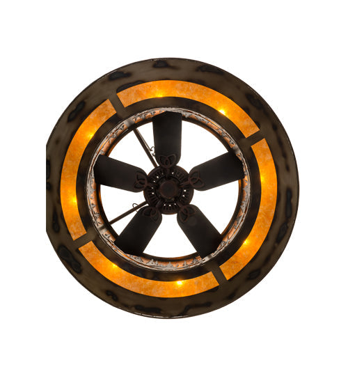 Meyda Lighting Tall Pines 48" 13-Light Dark Burnished Antique Copper Chandelier With Amber Mica Shade Glass and Fan