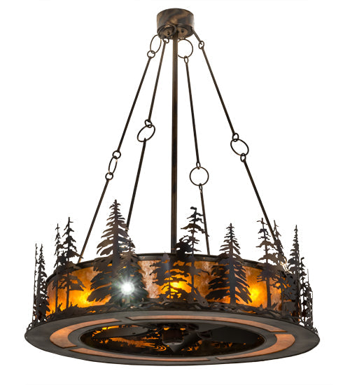 Meyda Lighting Tall Pines 48" 13-Light Dark Burnished Antique Copper Chandelier With Amber Mica Shade Glass and Fan