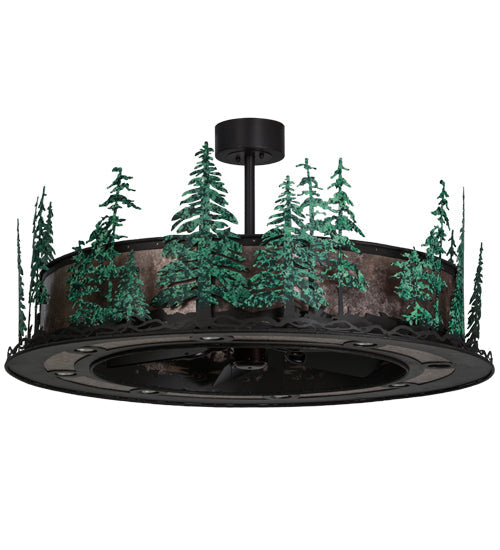 Meyda Lighting Tall Pines 48" 20-Light Wrought Iron & Green Trees Chandelier With Silver Mica Shade Glass and Fan