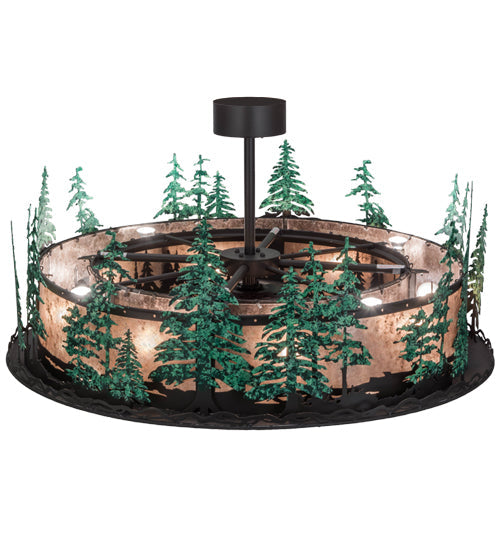 Meyda Lighting Tall Pines 48" 20-Light Wrought Iron & Green Trees Chandelier With Silver Mica Shade Glass and Fan