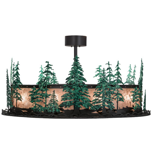 Meyda Lighting Tall Pines 48" 20-Light Wrought Iron & Green Trees Chandelier With Silver Mica Shade Glass and Fan