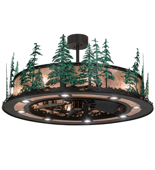 Meyda Lighting Tall Pines 48" 20-Light Wrought Iron & Green Trees Chandelier With Silver Mica Shade Glass and Fan