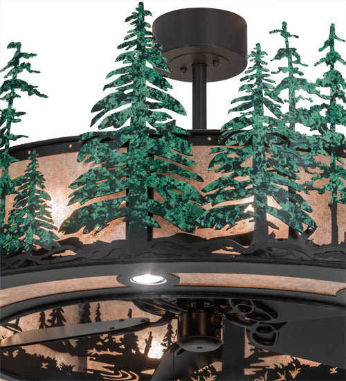 Meyda Lighting Tall Pines 48" 20-Light Wrought Iron & Green Trees Chandelier With Silver Mica Shade Glass and Fan