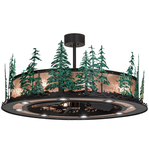 Meyda Lighting Tall Pines 48" 20-Light Wrought Iron & Green Trees Chandelier With Silver Mica Shade Glass and Fan