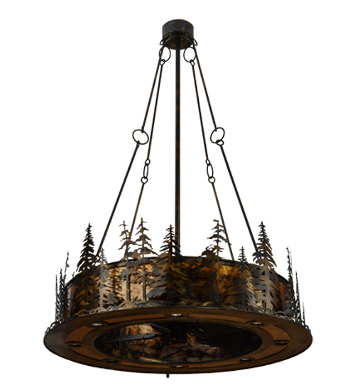 Meyda Lighting Tall Pines 48" 21-Light Dark Burnished Antique Copper Chandelier With Amber Mica Shade Glass and Fan