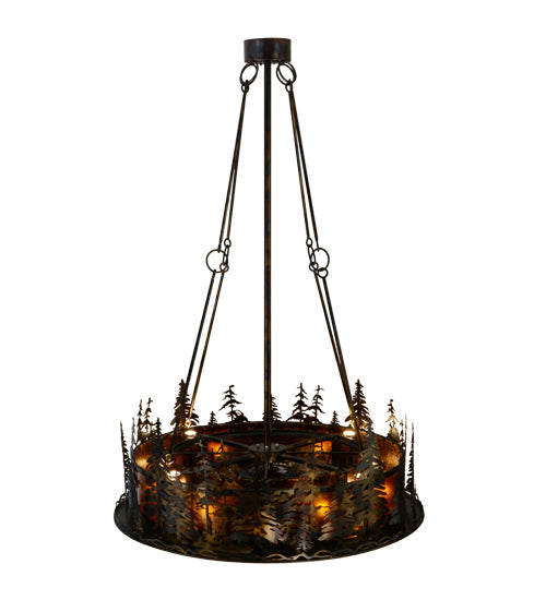 Meyda Lighting Tall Pines 48" 21-Light Dark Burnished Antique Copper Chandelier With Amber Mica Shade Glass and Fan