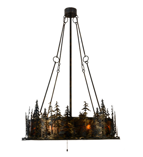 Meyda Lighting Tall Pines 48" 21-Light Dark Burnished Antique Copper Chandelier With Amber Mica Shade Glass and Fan