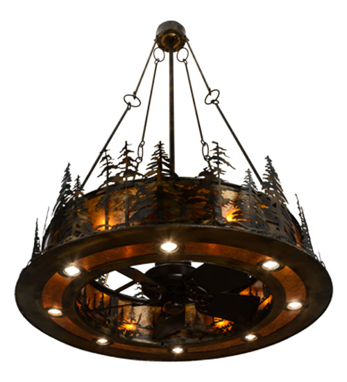 Meyda Lighting Tall Pines 48" 21-Light Dark Burnished Antique Copper Chandelier With Amber Mica Shade Glass and Fan
