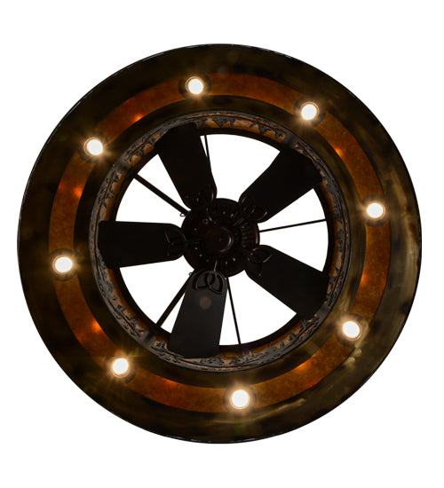 Meyda Lighting Tall Pines 48" 21-Light Dark Burnished Antique Copper Chandelier With Amber Mica Shade Glass and Fan