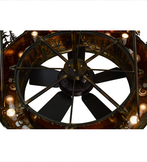 Meyda Lighting Tall Pines 48" 21-Light Dark Burnished Antique Copper Chandelier With Amber Mica Shade Glass and Fan
