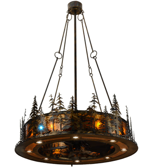 Meyda Lighting Tall Pines 48" 21-Light Dark Burnished Antique Copper Chandelier With Amber Mica Shade Glass and Fan
