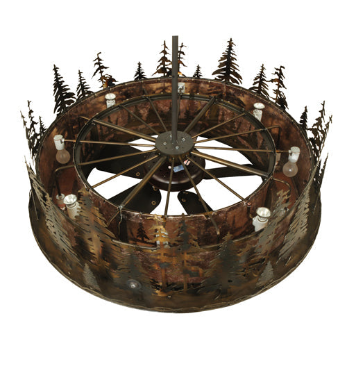 Meyda Lighting Tall Pines 48" 21-Light Dark Burnished Antique Copper Chandelier With Silver Mica Shade Glass and Fan