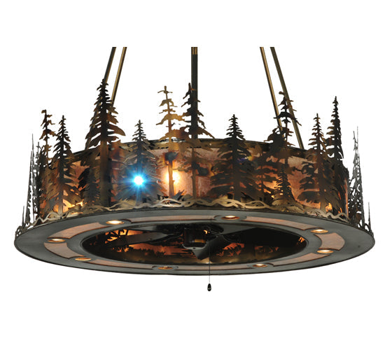 Meyda Lighting Tall Pines 48" 21-Light Dark Burnished Antique Copper Chandelier With Silver Mica Shade Glass and Fan