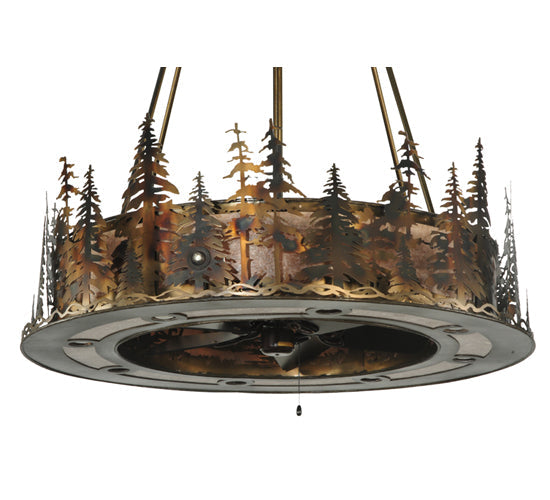 Meyda Lighting Tall Pines 48" 21-Light Dark Burnished Antique Copper Chandelier With Silver Mica Shade Glass and Fan