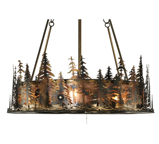 Meyda Lighting Tall Pines 48" 21-Light Dark Burnished Antique Copper Chandelier With Silver Mica Shade Glass and Fan