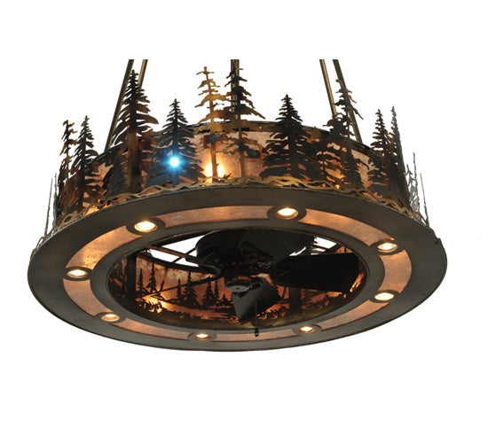 Meyda Lighting Tall Pines 48" 21-Light Dark Burnished Antique Copper Chandelier With Silver Mica Shade Glass and Fan