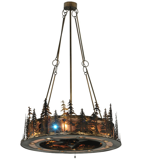 Meyda Lighting Tall Pines 48" 21-Light Dark Burnished Antique Copper Chandelier With Silver Mica Shade Glass and Fan
