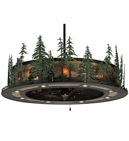 Meyda Lighting Tall Pines 48" 21-Light Wrought Iron Chandelier With Silver Mica Shade Glass and Fan