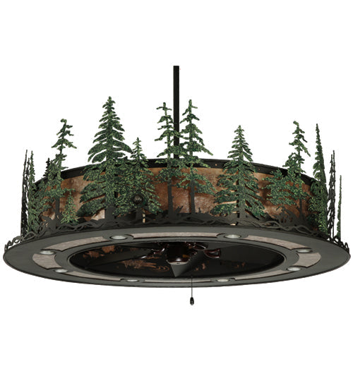 Meyda Lighting Tall Pines 48" 21-Light Wrought Iron Chandelier With Silver Mica Shade Glass and Fan