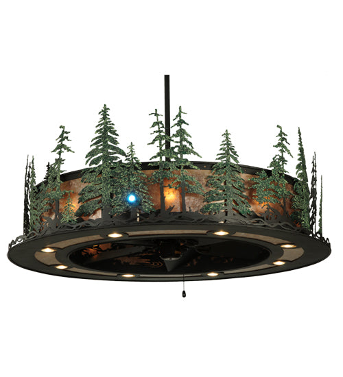 Meyda Lighting Tall Pines 48" 21-Light Wrought Iron Chandelier With Silver Mica Shade Glass and Fan