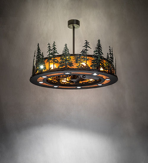 Meyda Lighting Tall Pines 48" 21-Light Wrought Iron & Green Trees Chandelier With Amber Mica Shade Glass and Fan