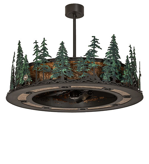 Meyda Lighting Tall Pines 48" 21-Light Wrought Iron & Green Trees Chandelier With Amber Mica Shade Glass and Fan