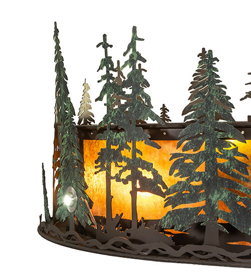 Meyda Lighting Tall Pines 48" 21-Light Wrought Iron & Green Trees Chandelier With Amber Mica Shade Glass and Fan
