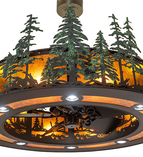 Meyda Lighting Tall Pines 48" 21-Light Wrought Iron & Green Trees Chandelier With Amber Mica Shade Glass and Fan