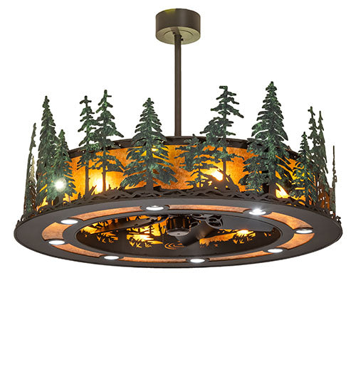 Meyda Lighting Tall Pines 48" 21-Light Wrought Iron & Green Trees Chandelier With Amber Mica Shade Glass and Fan