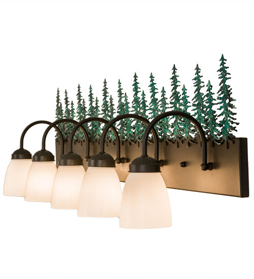 Meyda Lighting Tall Pines 48" 5-Light Timeless Bronze & Green Trees Vanity Light With White Shade Glass