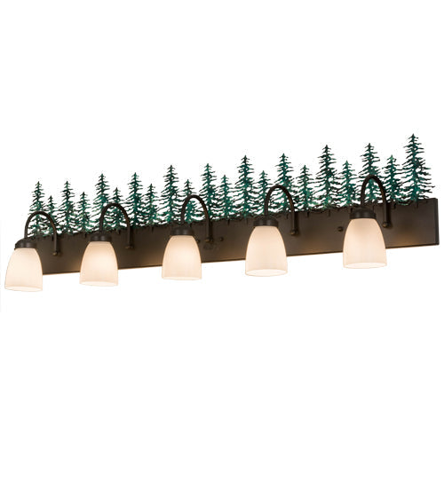 Meyda Lighting Tall Pines 48" 5-Light Timeless Bronze & Green Trees Vanity Light With White Shade Glass