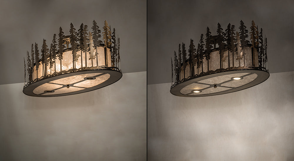 Meyda Lighting Tall Pines 48" 6-Light Antique Copper Island Flush Mount Light With Silver Mica Shade Glass