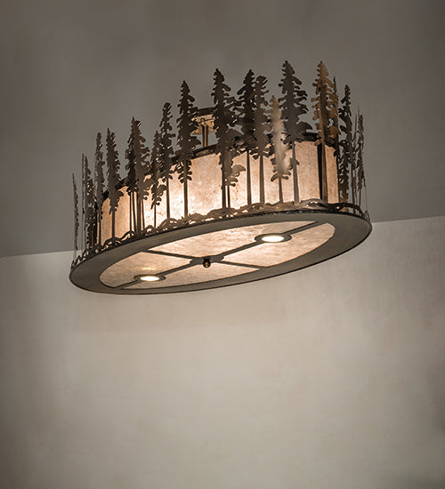 Meyda Lighting Tall Pines 48" 6-Light Antique Copper Island Flush Mount Light With Silver Mica Shade Glass