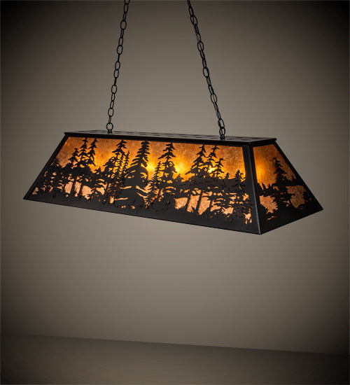 Meyda Lighting Tall Pines 48" 6-Light Black Satin Wrought Iron Island Pendant Light With Amber Mica Shade Glass