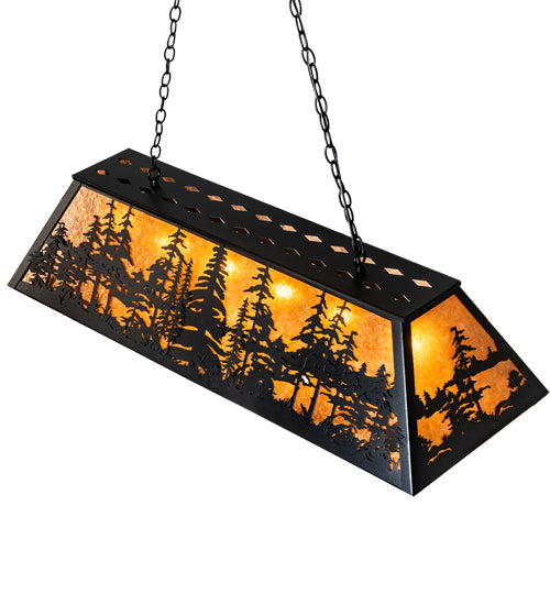 Meyda Lighting Tall Pines 48" 6-Light Black Satin Wrought Iron Island Pendant Light With Amber Mica Shade Glass
