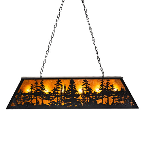 Meyda Lighting Tall Pines 48" 6-Light Black Satin Wrought Iron Island Pendant Light With Amber Mica Shade Glass