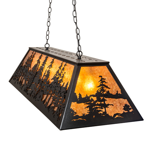 Meyda Lighting Tall Pines 48" 6-Light Black Satin Wrought Iron Island Pendant Light With Amber Mica Shade Glass