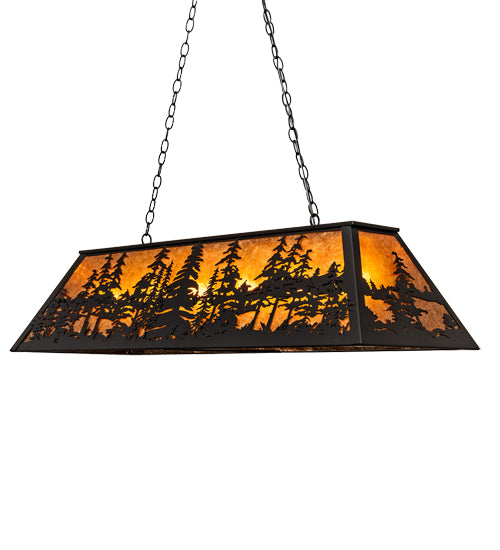 Meyda Lighting Tall Pines 48" 6-Light Black Satin Wrought Iron Island Pendant Light With Amber Mica Shade Glass