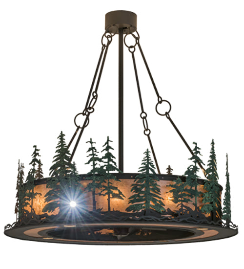 Meyda Lighting Tall Pines 48" 8-Light Antique Copper & Green Trees Chandelier With Silver Mica Shade Glass and Fan