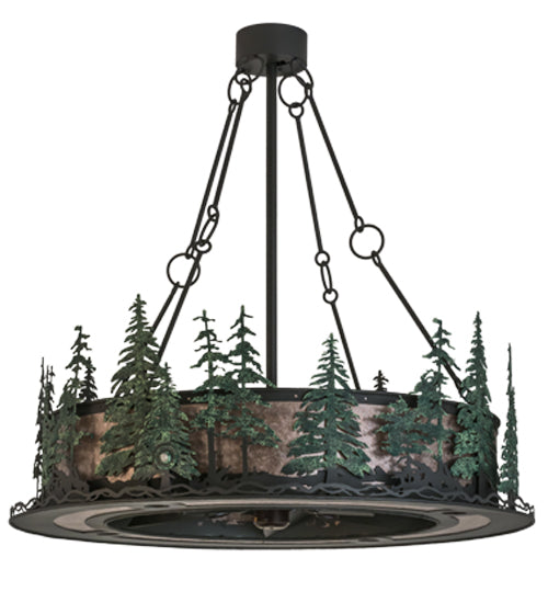 Meyda Lighting Tall Pines 48" 8-Light Antique Copper & Green Trees Chandelier With Silver Mica Shade Glass and Fan