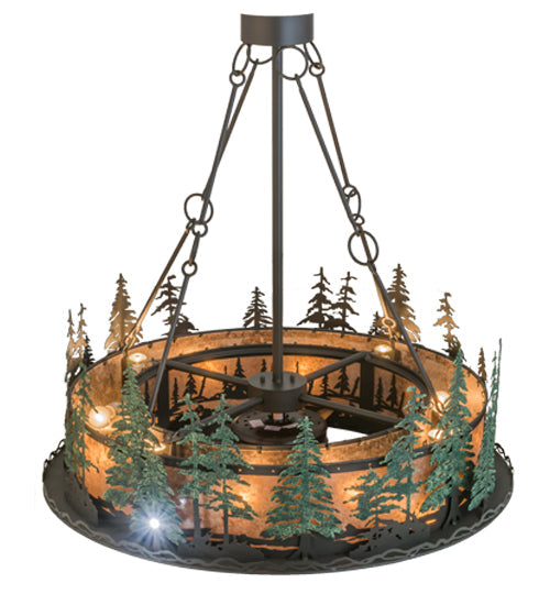 Meyda Lighting Tall Pines 48" 8-Light Antique Copper & Green Trees Chandelier With Silver Mica Shade Glass and Fan