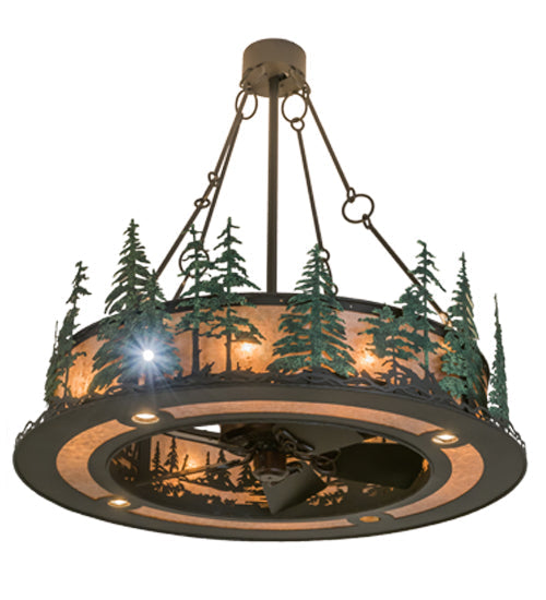 Meyda Lighting Tall Pines 48" 8-Light Antique Copper & Green Trees Chandelier With Silver Mica Shade Glass and Fan
