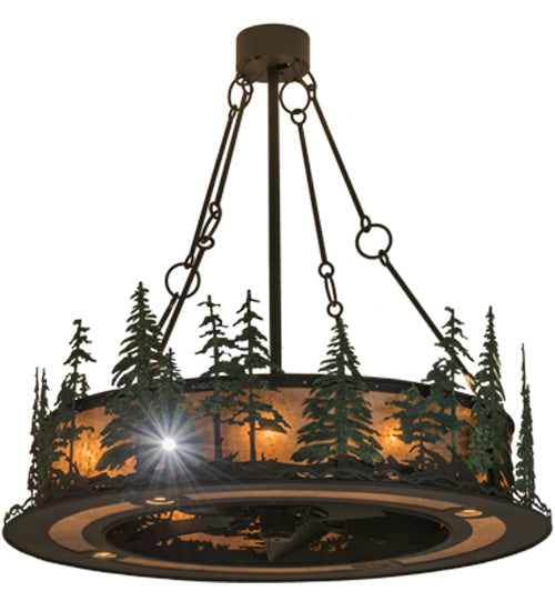 Meyda Lighting Tall Pines 48" 8-Light Antique Copper & Green Trees Chandelier With Silver Mica Shade Glass and Fan