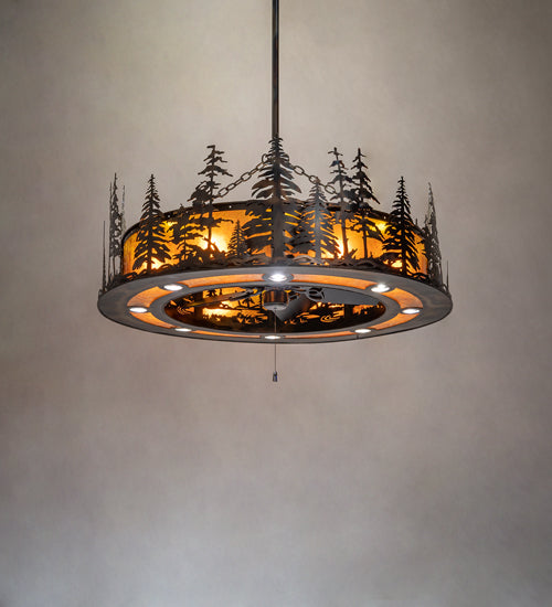 Meyda Lighting Tall Pines 49" 24-Light Dark Burnished Antique Copper Chandelier With Amber Mica Shade Glass and Fan