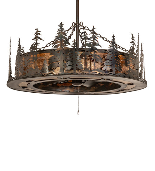 Meyda Lighting Tall Pines 49" 24-Light Dark Burnished Antique Copper Chandelier With Amber Mica Shade Glass and Fan