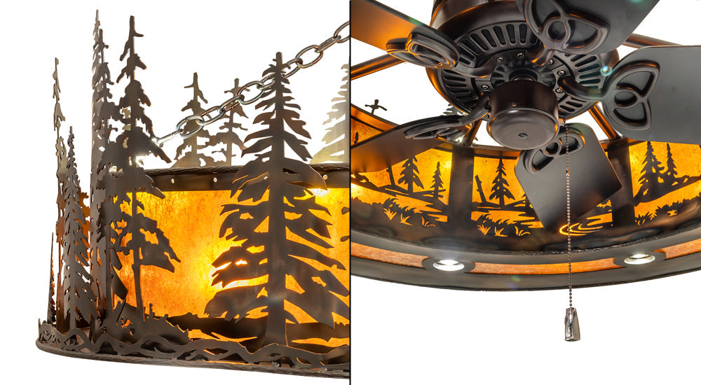 Meyda Lighting Tall Pines 49" 24-Light Dark Burnished Antique Copper Chandelier With Amber Mica Shade Glass and Fan