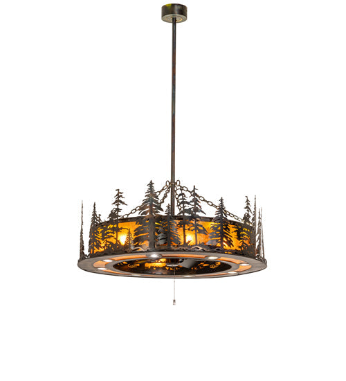 Meyda Lighting Tall Pines 49" 24-Light Dark Burnished Antique Copper Chandelier With Amber Mica Shade Glass and Fan