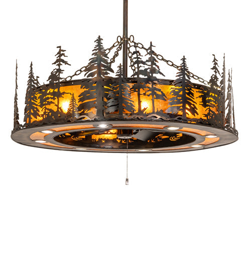 Meyda Lighting Tall Pines 49" 24-Light Dark Burnished Antique Copper Chandelier With Amber Mica Shade Glass and Fan