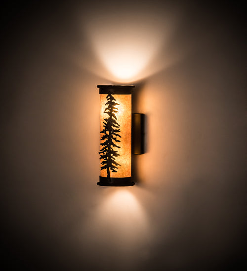 Meyda Lighting Tall Pines 5" 2-Light Textured Black Wall Sconce With Amber Mica Shade Glass